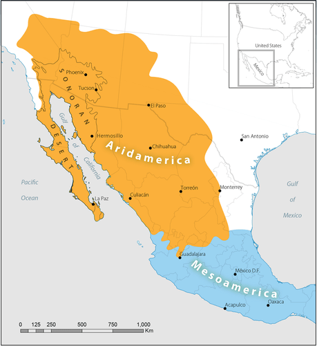 A map showing the dry regions of North America called "Aridamerica" in yellow including the Sonoran Desert area, and the beginnings of Mesoamerica shown in blue.